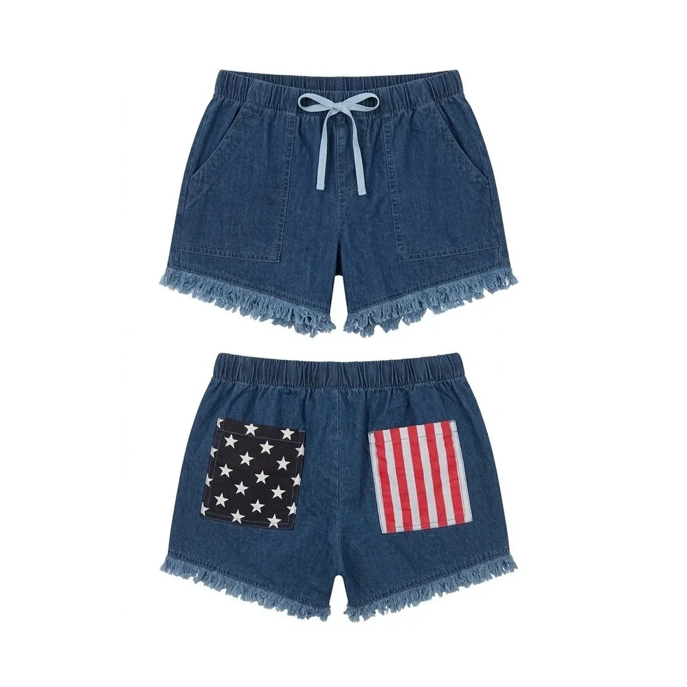 USA Flag Patch Denim Shorts Blue Stars‎ Stripes Frayed Hem Americana Women Large